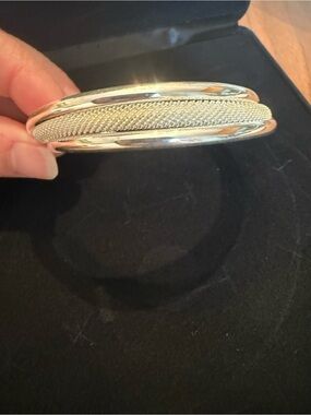 Vintage 925 Sterling Silver Band Mesh Cuff Bangle Bracelet, Modernist
